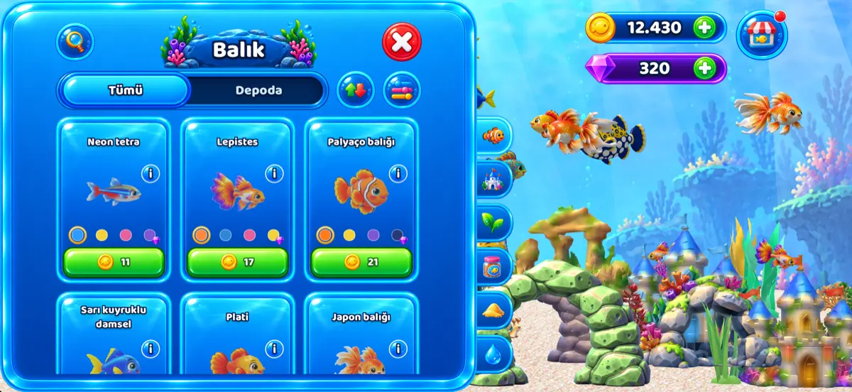Mağazanın Balık sekmesi: balık kartları ve fiyatlar