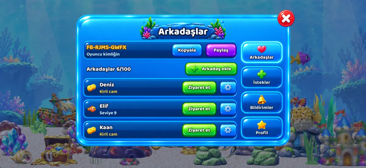 Oyuncu kimliği ve ziyaret edilecek arkadaş listesiyle Arkadaşlar ekranı