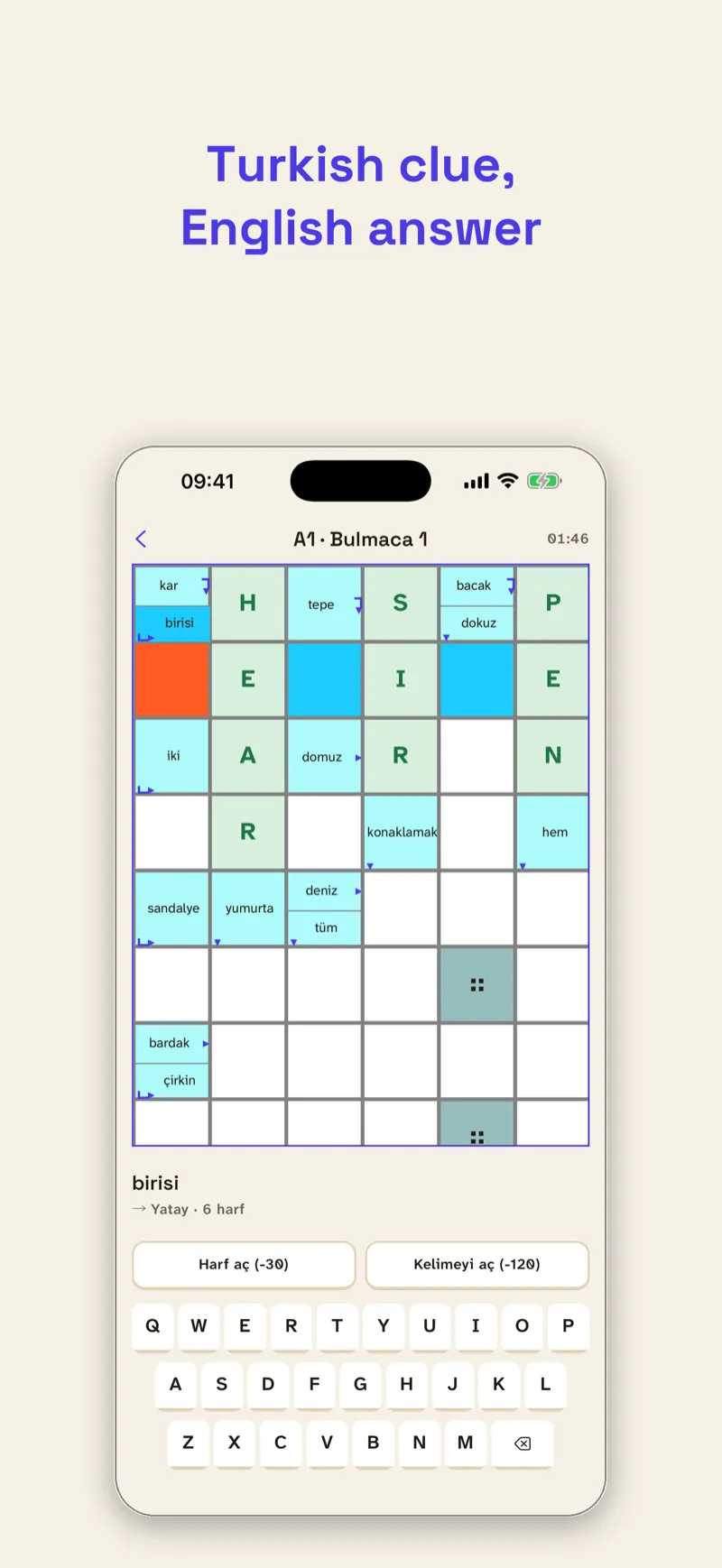Solving a grid: Turkish clue, English answer