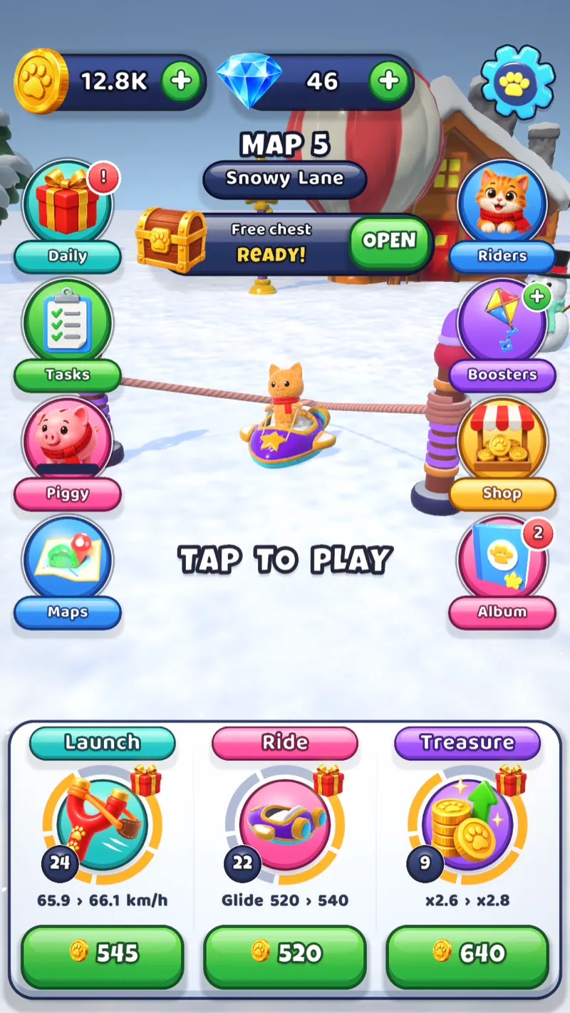 Home screen: the cat on its sled at the slingshot, with the Launch, Ride and Treasure upgrades