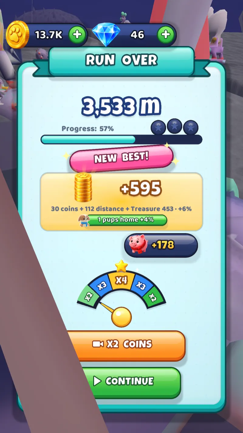 Run results with coins earned, pups brought home and an optional bonus spin