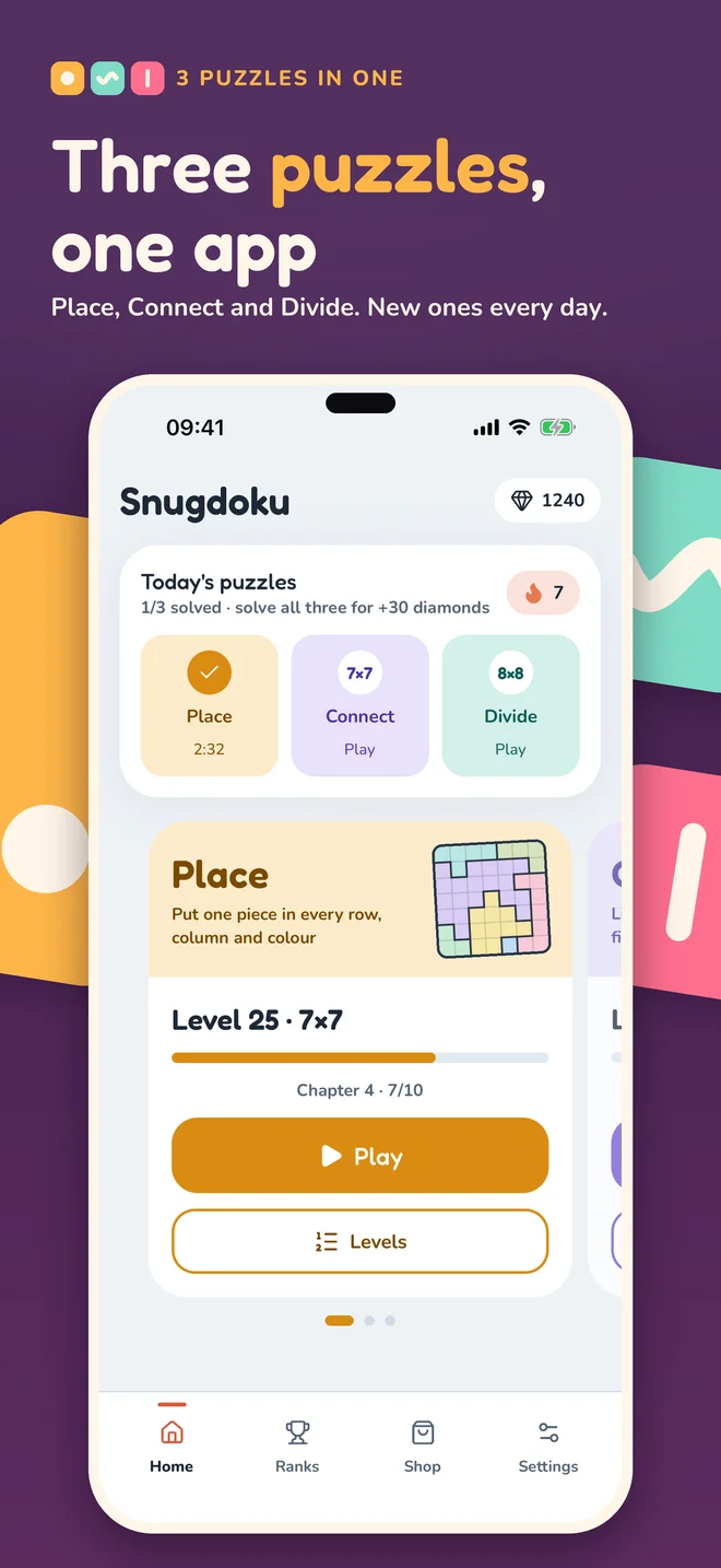 Snugdoku home screen with the three puzzles, Place, Connect and Divide, and today's daily puzzles