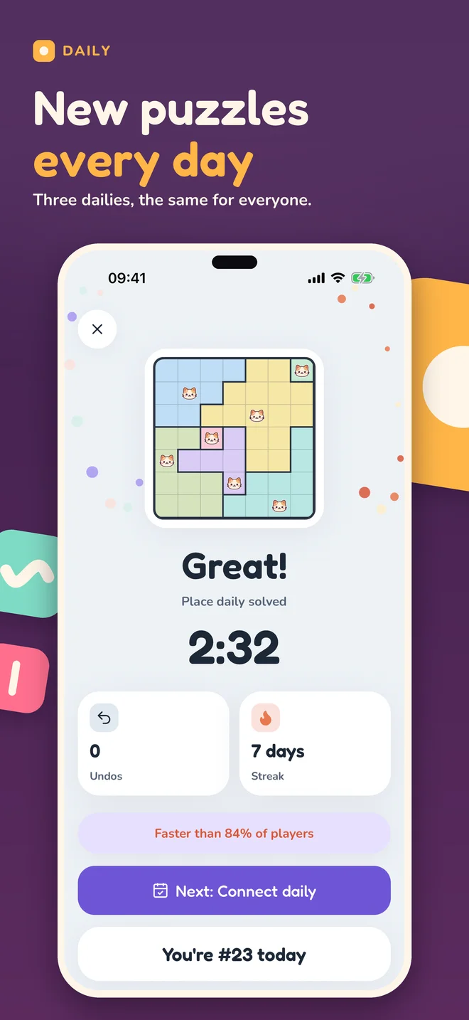 The result screen after a daily puzzle, with time and streak